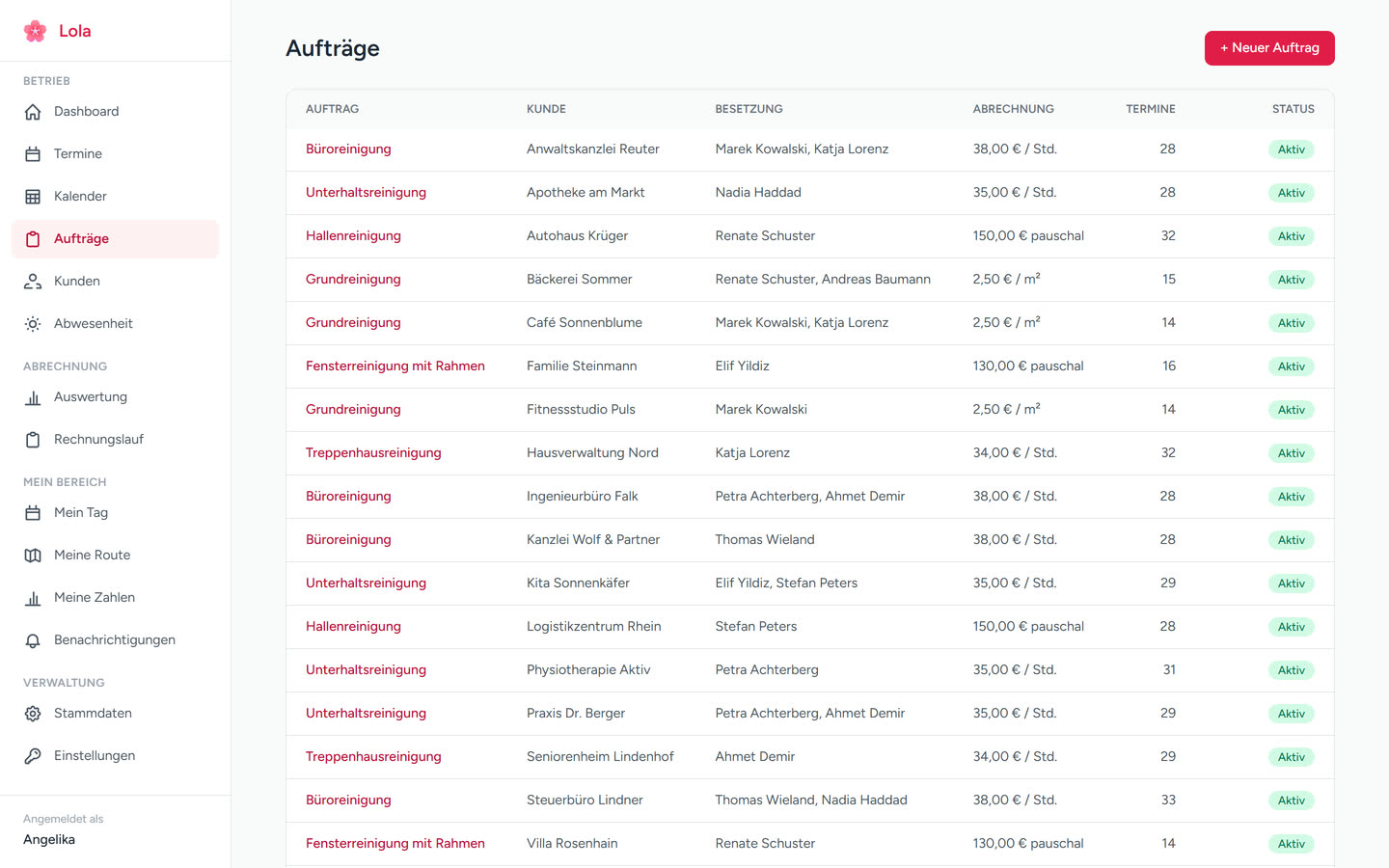 Lola: Auftragsliste mit Kunden, Besetzung, Abrechnungsart und Anzahl der Termine.