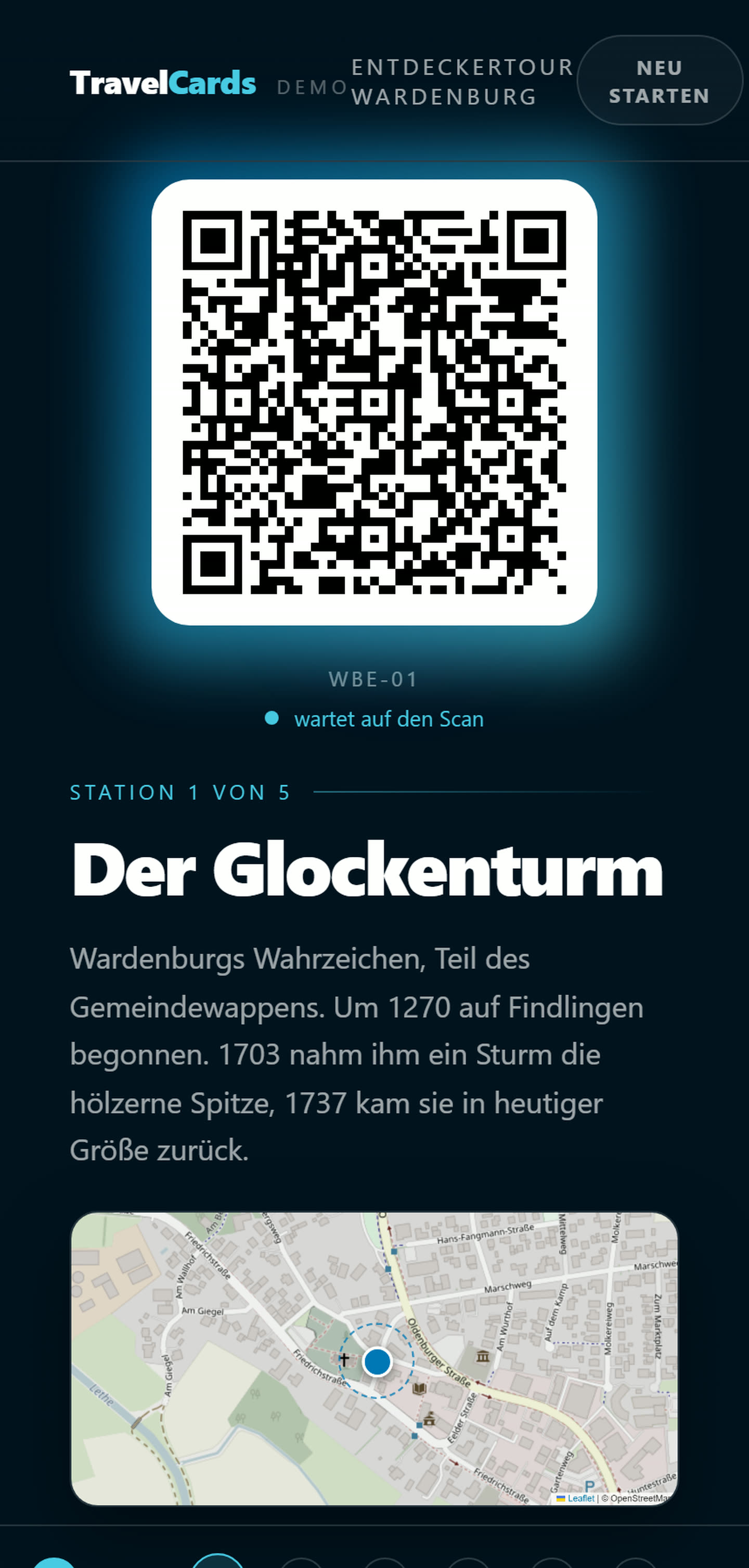 TravelCards: Station 1 der Entdeckertour Wardenburg mit Text zum Glockenturm und Kartenausschnitt.